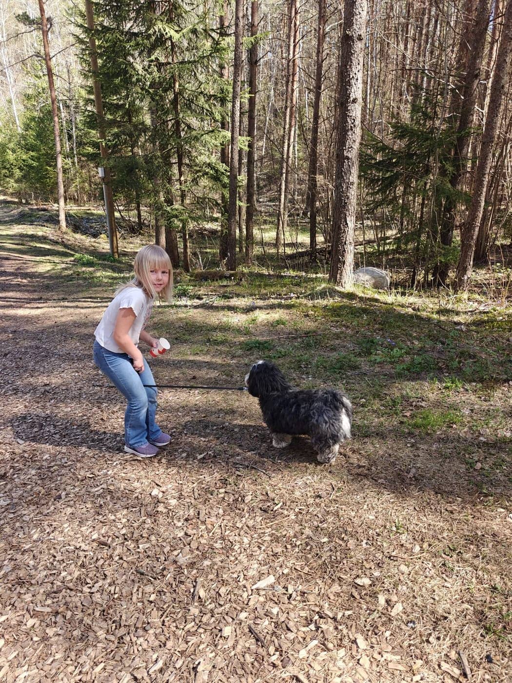 Laps jalutamas väikest musta koera rihma otsas metsarajal